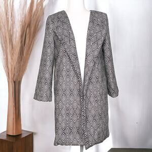 H&M Diamond Pattern Women's Open Front Long Coat Black Cream Size 2